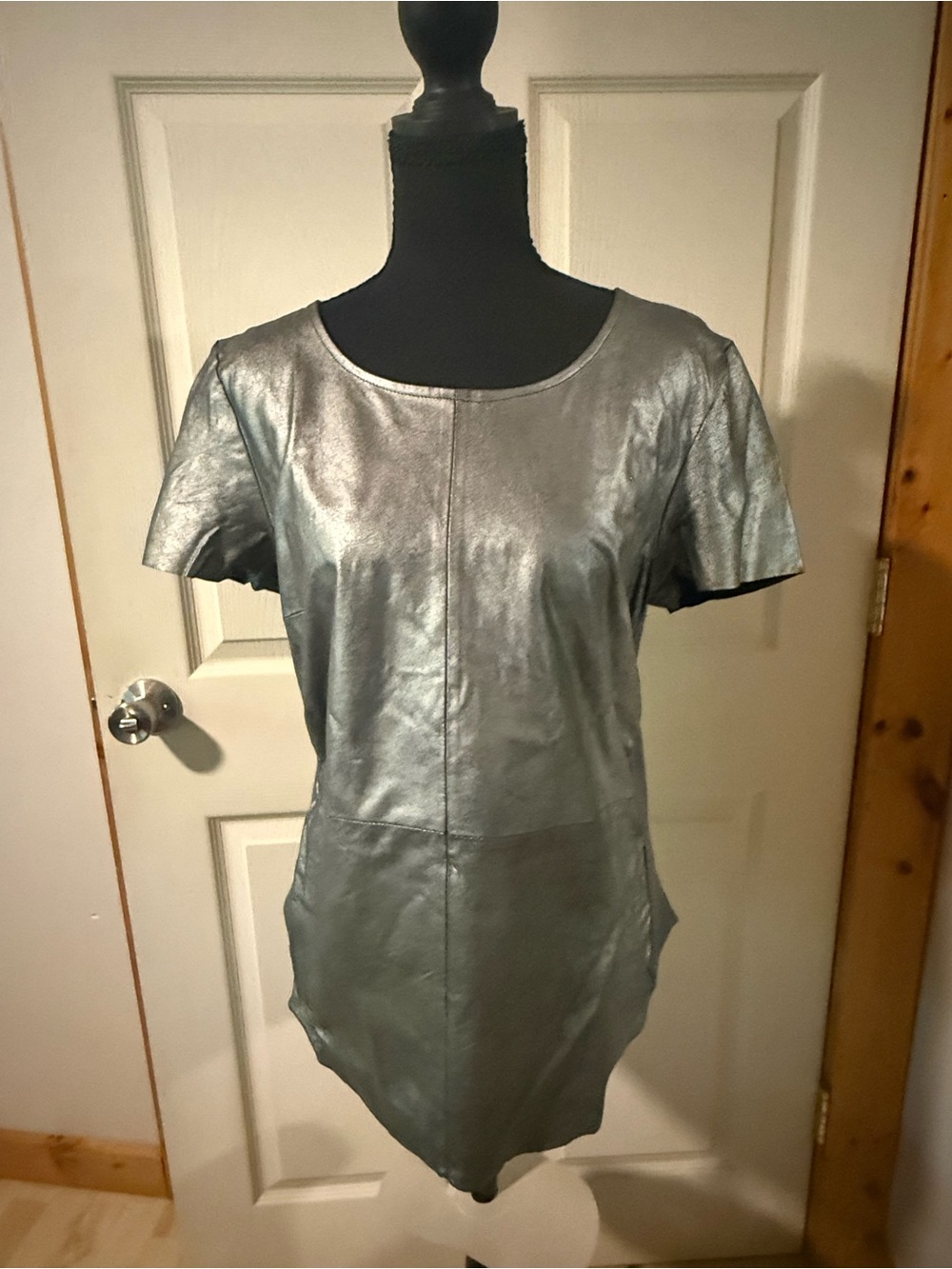 Trouve Metallic Short Sleeve Scoop Neck Top - Silver, Size M